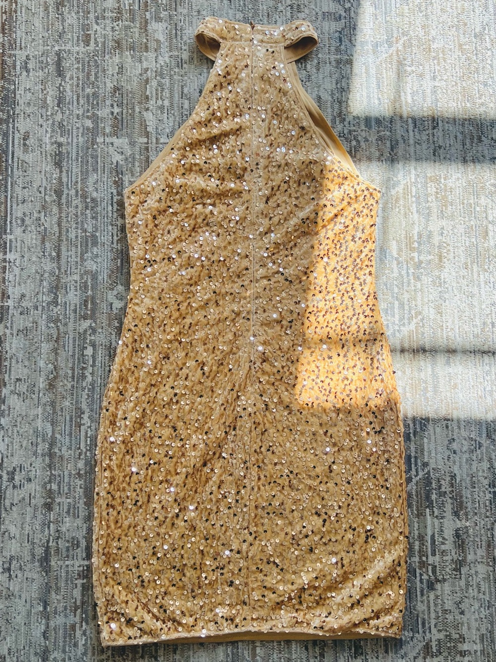 Gold Velvet Sequin Halter Cocktail Dress - Picture 3 of 7
